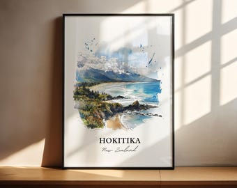 Sztuka ścienna Hokitika, wydruk z Wyspy Południowej w Nowej Zelandii, akwarele z Nowej Zelandii, prezent z Hokitiki, wydruk podróżniczy, plakat podróżniczy, prezent na parapetówkę