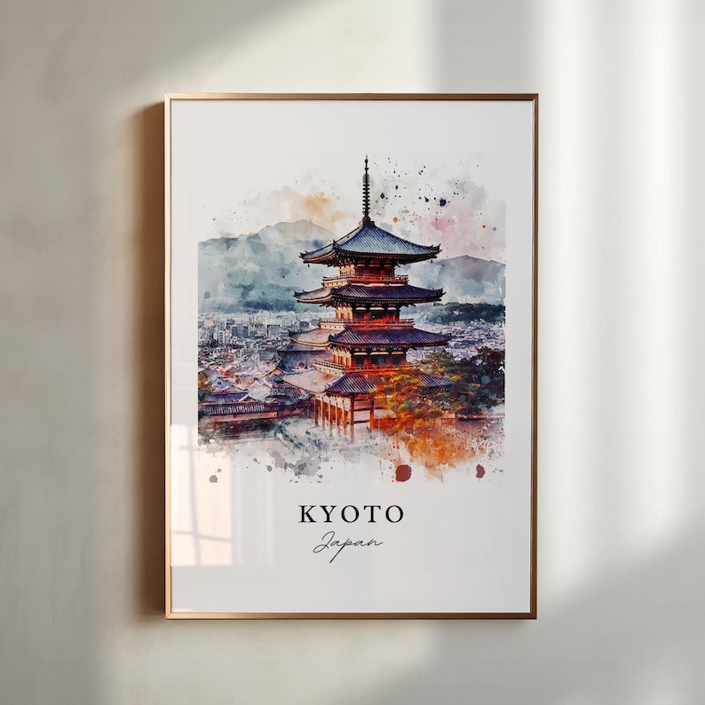 Sztuka ścienna z Kioto, wydruk z Kioto w Japonii, akwarela z Kioto, prezent z wyspy Honsiu w Japonii, plakat podróżniczy, prezent na parapetówkę zdjęcie 1