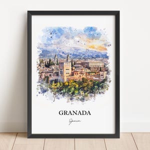 May include: A watercolor painting of the Alhambra palace in Granada, Spain. The painting features a detailed depiction of the palace's towers, walls, and gardens, with a soft, dreamy background.