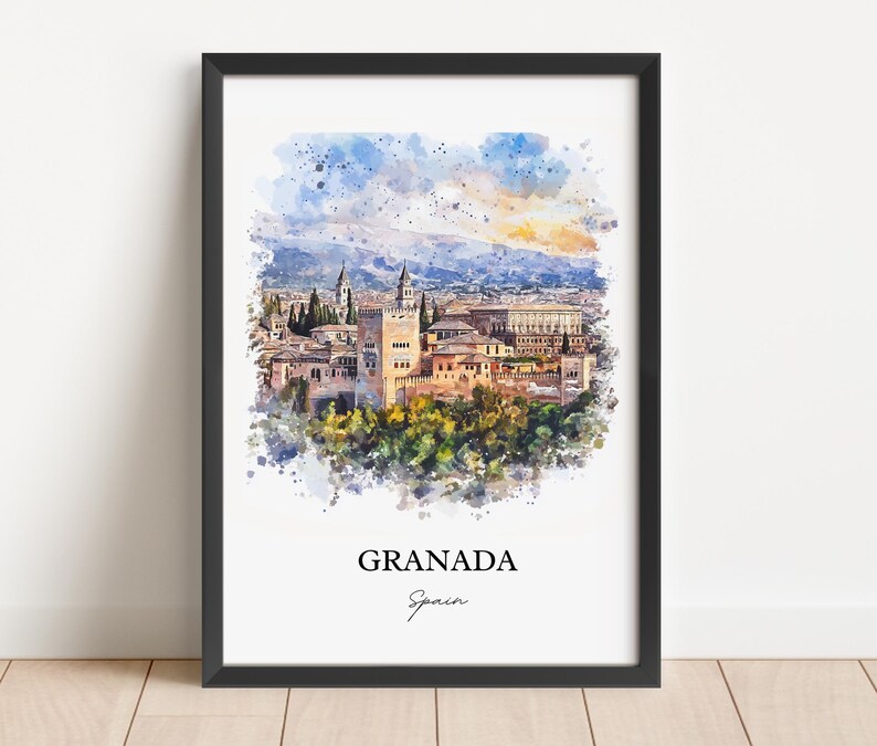 May include: A watercolor painting of the Alhambra palace in Granada, Spain. The painting features a detailed depiction of the palace's towers, walls, and gardens, with a soft, dreamy background.