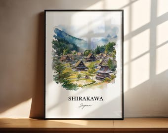 白川郷の旅行ポスター：雪景色の合掌造りの村を描いた絵画プリント