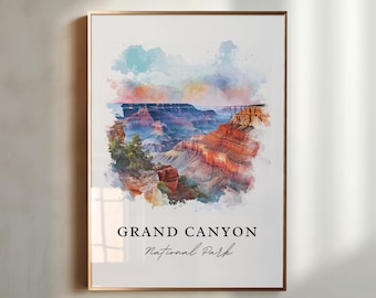 Könnte beinhalten: Ein Aquarellgemälde des Grand Canyon Nationalparks. Das Gemälde zeigt einen Panoramablick auf den Canyon mit geschichteten Felsformationen in Rot-, Orange- und Brauntönen. Der Himmel ist leuchtend blau mit zarten Wolken.