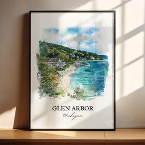 Arte mural de Glen Arbor, MI, impresión del condado de Leelanau, acuarela de Michigan, regalo de Glen Arbor, impresión de viaje, póster de viaje, regalo de inauguración de la casa