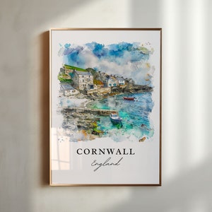 May include: A watercolor painting of a coastal village in Cornwall, England. The painting features a cluster of houses with red roofs and a small boat in the water. The sky is blue with white clouds.