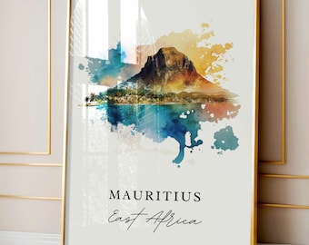 May include: A watercolour painting of a mountainous landscape with a blue and yellow colour scheme. The text "Mauritius East Africa" is written below the image.