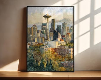 Arte de acuarela de Seattle, WA Impresión de viajes a Seattle Obra de arte de Seattle, Washington Decoración de Seattle, WA Arte de pared del estado de Washington