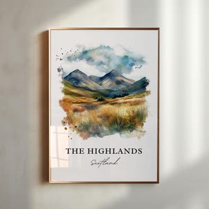 Arte mural de las Tierras Altas escocesas, arte de viajes por Escocia / Póster de decoración para el hogar de Escocia / Ilustración digital