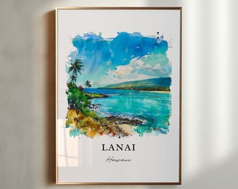 Art mural Lanai Hawaii, impression Maui Hawaii, aquarelle Lanai HI, cadeau Lanai, affiche de voyage, cadeau de pendaison de crémaillère