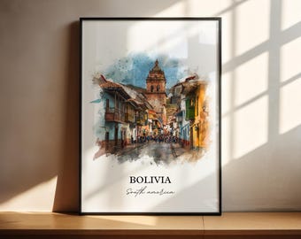 Arte murale della Bolivia, stampa della Bolivia, acquerello della Bolivia, regalo del paese della Bolivia, stampa di viaggio, poster di viaggio, regalo di inaugurazione della casa