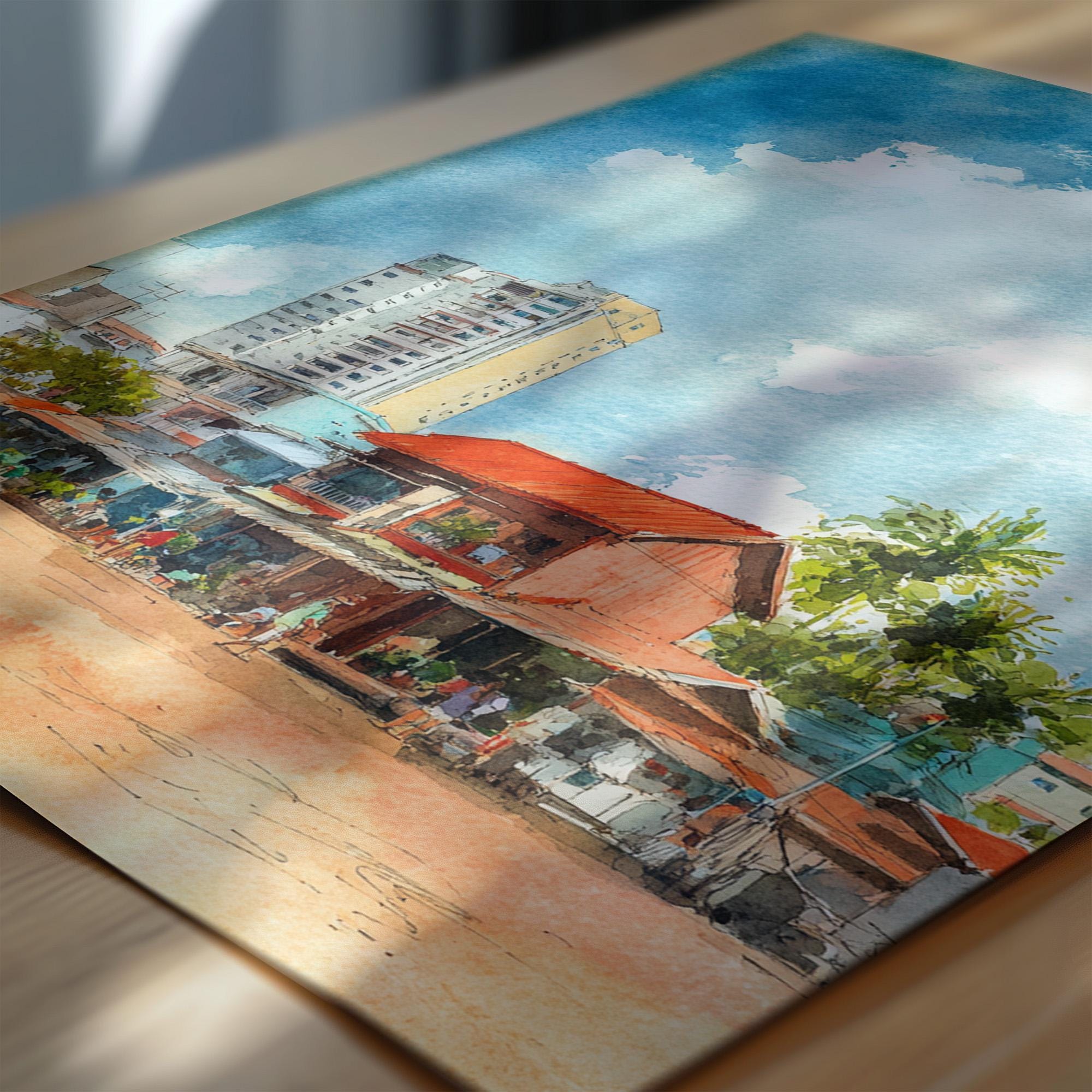 シアヌークビルの水彩画、カンボジアの旅行プリント、カンポンサオムの