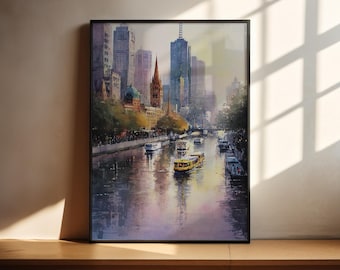 Melbourne, akwarela, wydruk z podróży do Melbourne, grafika z Melbourne, panorama Melbourne, dekoracja ścienna do Australii