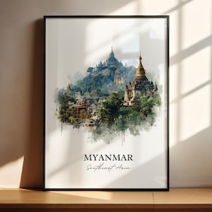 Myanmar Wall Art, Myanmar Print, Myanmar Watercolor Art, Myanmar Gift, Travel Print, Travel Poster, Housewarming Gift