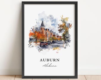 Auburn AL Wall Art, Auburn Print, Auburn Watercolor Art, Auburn Alabama Gift, Travel Poster, Housewarming Gift