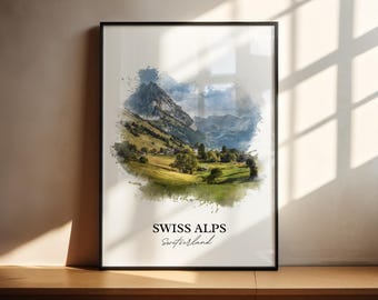 Schweizer Alpen Wandbild, Schweiz Druck, Schweizer Alpen Aquarell Kunst, Schweizer Alpen Geschenk, Reisedruck, Reiseplakat, Housewarming Geschenk