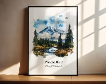 May include: A watercolor painting of Mount Rainier, a snow-capped mountain, with a lake in the foreground and trees surrounding it. The text "PARADISE Mount Rainier" is at the bottom of the image.