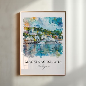 Mackinac Island kunst aan de muur, Mackinac MI print, Lake Huron aquarel, Mackinac Island cadeau, reisposter, housewarming cadeau