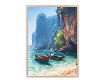 May include: Watercolor painting of a tropical beach scene with two wooden boats floating in turquoise water. The background features towering cliffs and lush greenery. The artwork is framed in a light wood frame.