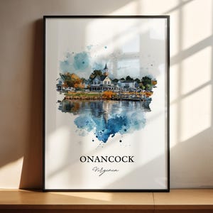 May include: A watercolour painting of a waterfront town with a church steeple, surrounded by blue and green watercolours. The text "ONANCOCK Virginia" is printed below the image.