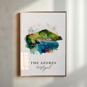 May include: A watercolor painting of a green island with a small town on the coast. The island is surrounded by blue water and the painting has a white background with the text "THE AZORES Portugal" at the bottom.