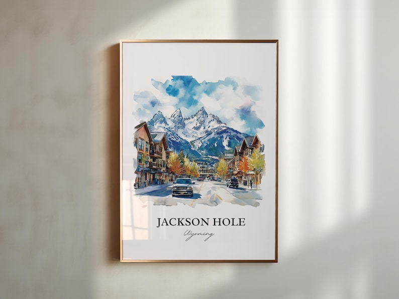 Väggkonst i Jackson Hole, tryck i Jackson, Wyoming, akvarellkonst i Wyoming, present till Jackson Hole, resetryck, reseaffisch, inflyttningspresent bild 3