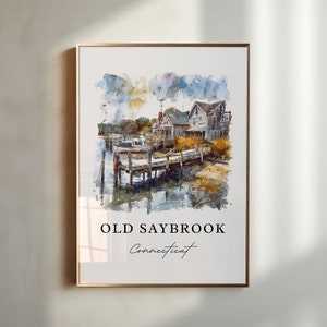 May include: A watercolour painting depicting a waterfront scene in Old Saybrook, Connecticut. The painting shows a wooden jetty with a small boat moored to it, and several houses in the background. The water is a light blue colour, and the sky is a soft blue with white clouds.
