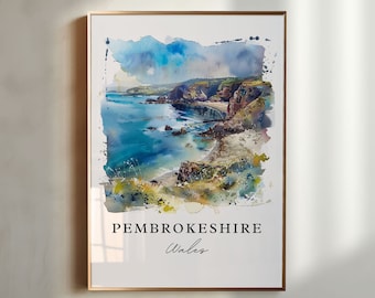 Pembrokeshire Coast Watercolor Art Print, Wales Travel Poster