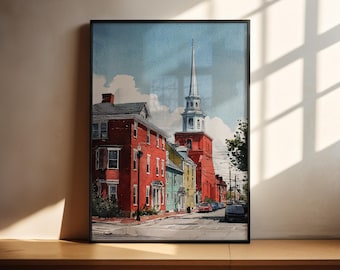 Arte em aquarela de Salem, MA, impressão de viagem em Salem, MA, arte em Boston, MA, decoração em Massachusetts, arte de parede