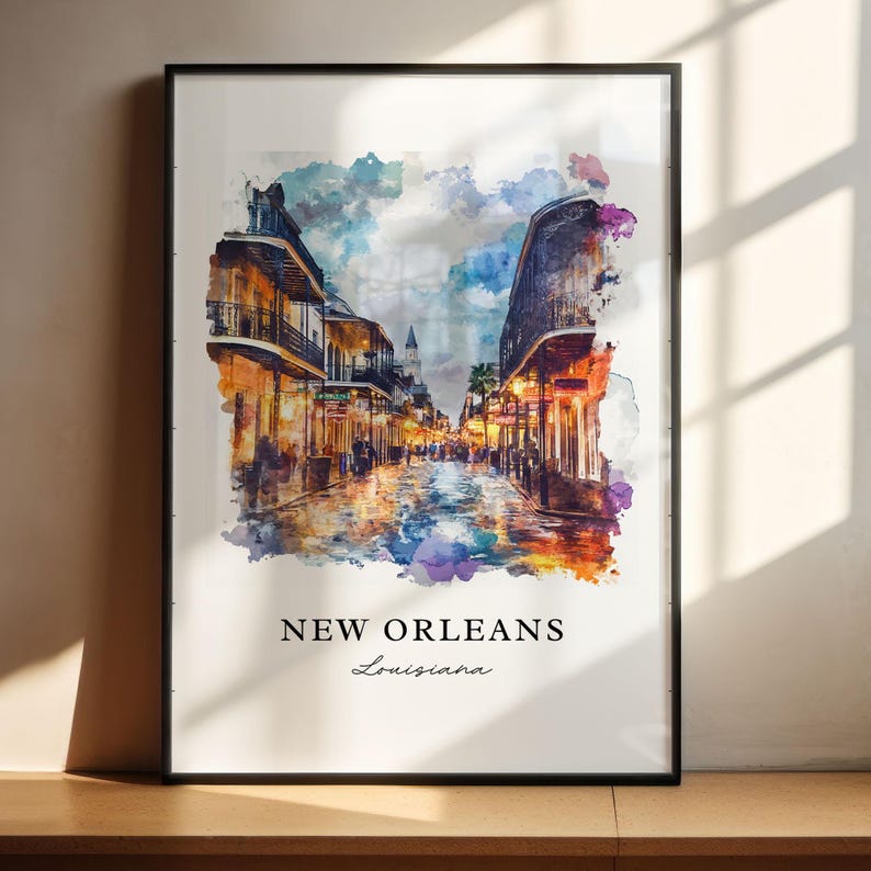 Arte mural de Nueva Orleans, impresión de Nueva Orleans, acuarela de Nueva Orleans, regalo de Bourbon Street, póster de viaje, regalo de inauguración de la casa imagen 4