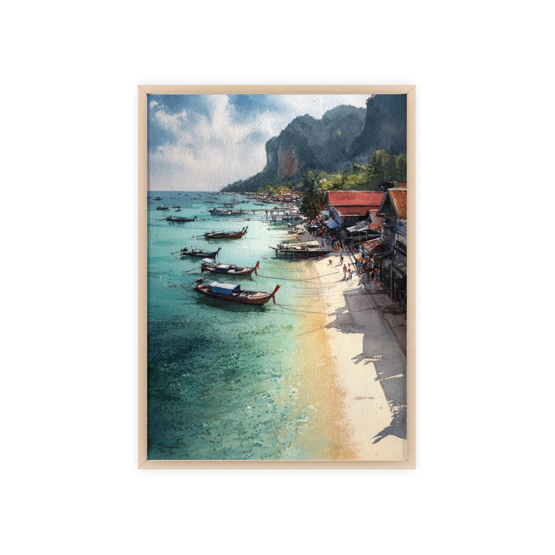 ピピ島の水彩画、ピピ島の旅行プリント、ピピ島のアートワーク、タイの 