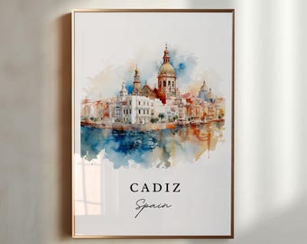 Cadiz Spain Watercolor Art Print, Travel Poster