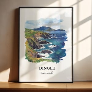 May include: A watercolor painting of the Dingle Peninsula in Ireland. The painting shows a green, rocky coastline with a blue ocean in the background. The text "Dingle Peninsula" is written below the painting.
