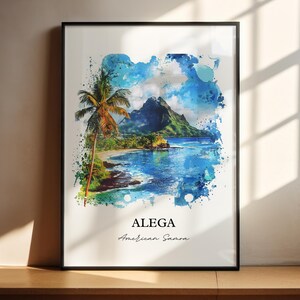 Puede incluir: Una pintura de acuarela de una escena de isla tropical con una palmera, una montaña y un océano azul. La pintura está enmarcada en un marco negro y tiene el texto "ALEGA American Samoa" en la parte inferior.