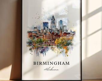 Arte de Birmingham, Alabama, impresión de Birmingham, acuarela de Birmingham, regalo de Birmingham, Alabama, póster de viaje, regalo de inauguración de la casa