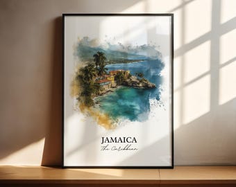Arte mural de Jamaica, impresión de Jamaica, acuarela caribeña, regalo de Jamaica, impresión de viaje, póster de viaje, regalo de inauguración de la casa