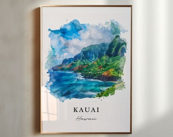 Puede incluir: Una pintura de acuarela de una exuberante cadena montañosa verde con un océano azul en primer plano. La pintura está enmarcada en un marco dorado y tiene el texto "KAUAI Hawaii" en la parte inferior.
