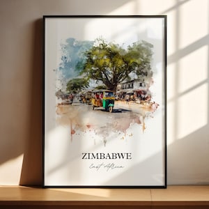 Arte murale dello Zimbabwe, stampa dello Zimbabwe, acquerello dello Zimbabwe, regalo del paese dello Zimbabwe, stampa di viaggio, poster di viaggio, regalo di inaugurazione della casa