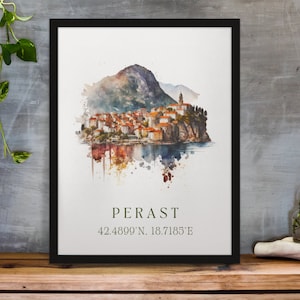 Perast traditional travel art - Montenegro, Perast poster, Wedding gift, Birthday present, Custom Text, Personalized Gift