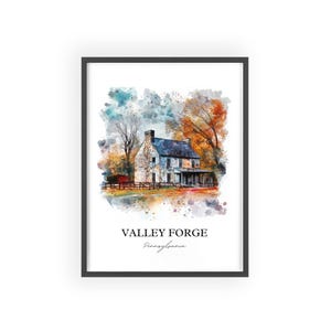 May include: A watercolor painting of a stone house with a porch in a forest setting. The house is surrounded by trees with fall foliage. The text "VALLEY FORGE Pennsylvania" is below the house.