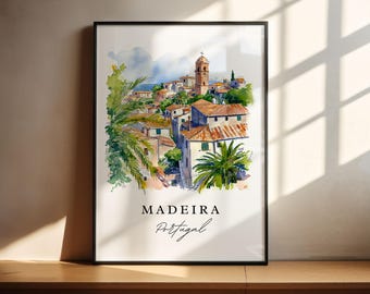 Arte de viaje tradicional de Madeira - Portugal, Impresión de Madeira, Regalo de boda, Regalo de cumpleaños, Texto personalizado, Regalo perfecto
