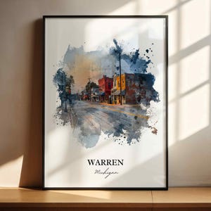 May include: Framed watercolor print of Warren, Michigan, featuring a street scene with buildings in shades of red, orange, and blue. The artwork has a watercolor splash effect with the city name and state written below.