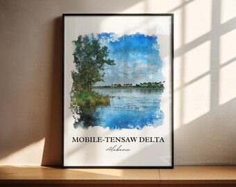 Arte del Delta de Mobile-Tensaw, Impresión de Alabama, Arte en acuarela de Alabama, Regalo del Delta de Mobile-Tensaw, Impresión de viaje, Póster de viaje, Regalo de inauguración de la casa