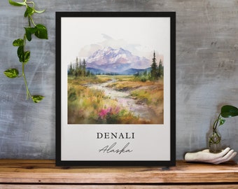 Denali traditional travel art - Alaska, Denali National park poster, Wedding gift, Birthday present, Custom Text, Personalised Gift