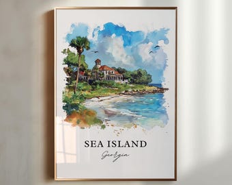 May include: A watercolor painting of a beach scene with a house, palm trees, and a blue sky. The text "SEA ISLAND Georgia" is written at the bottom of the painting.