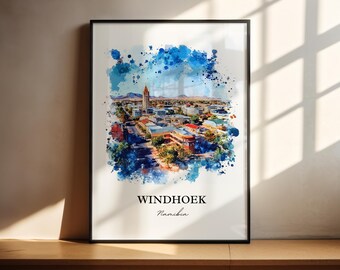 May include: A watercolor painting of Windhoek, Namibia. The city is depicted in a blue and green color scheme with a tall building in the center. The text "Windhoek, Namibia" is written below the painting.