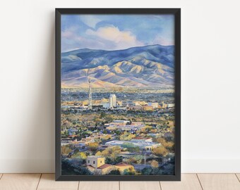 Arte em aquarela de Albuquerque Impressão de viagem de Albuquerque Arte de Albuquerque, Novo México, decoração, horizonte de Albuquerque, arte de parede