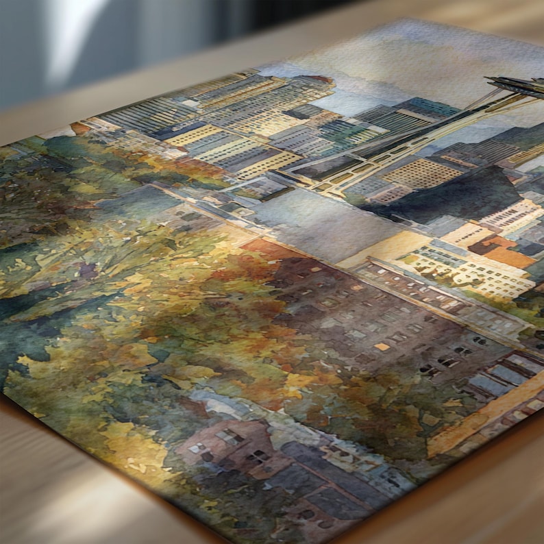 May include: Watercolor painting of a cityscape featuring tall buildings, a bridge, and lush green trees. The artwork has a soft, muted color palette with shades of blue, green, and brown, creating a serene and artistic feel. The perspective is from an elevated angle.