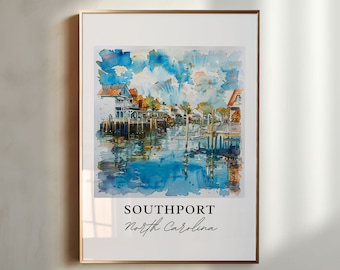 Väggkonst i Southport, Southport-tryck, Southport-akvarell, Southport North Carolina-present, reseaffisch, inflyttningspresent