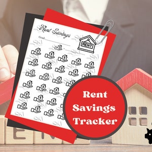 May include: A red and black printable rent savings tracker with a house icon and a piggy bank icon. The tracker has a goal section and a grid of 36 squares to track savings.