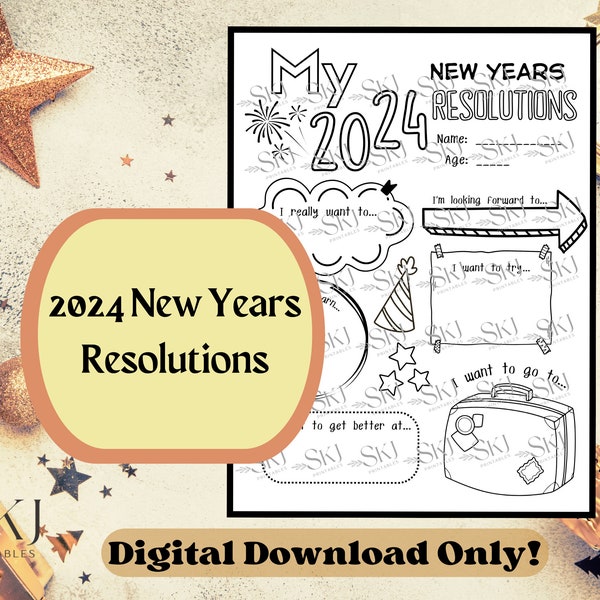 PRINTABLE 2024 New Years Resolutions Worksheet, New Year's Activity for Kids, Back to School Activity, New Years Resolutions, Digital