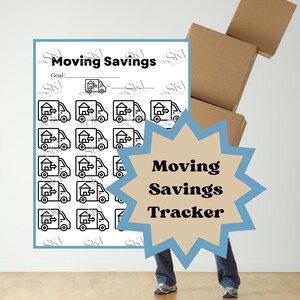 May include: A printable moving savings tracker with a goal line and 36 boxes to color in as you save for your move. The boxes are decorated with a black and white illustration of a moving truck and house. A person is carrying boxes in the background.